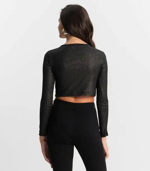 Blusa Cropped Juvenil Manga Longa Minty Preto