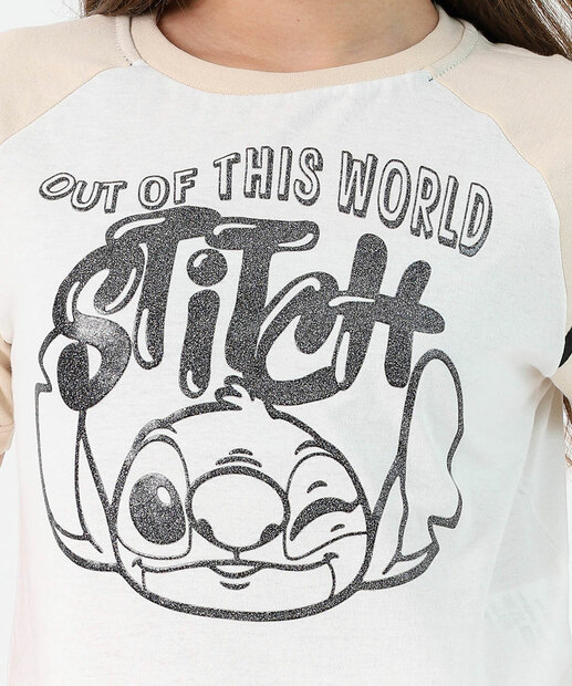 Camiseta Juvenil Feminina Stitch Bege Tam 10 a 16
