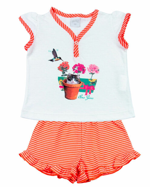 Pijama Infantil Menina Malha Lisa e Listrada Beija Flor e Gatinho - Coral