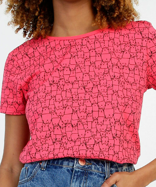 Blusa Feminina Estampa Gato Manga Curta Marisa