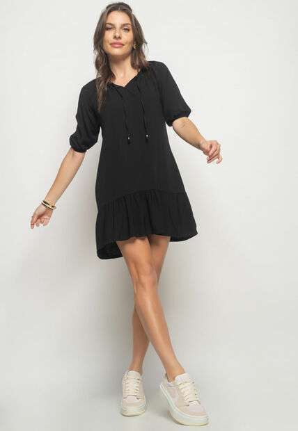 Vestido Curto Viscolinho Com Babado Preto Salvatore Fashion