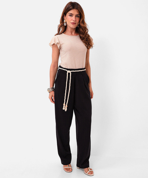 Blusa Feminina Textura Listras Babado Marisa Bege