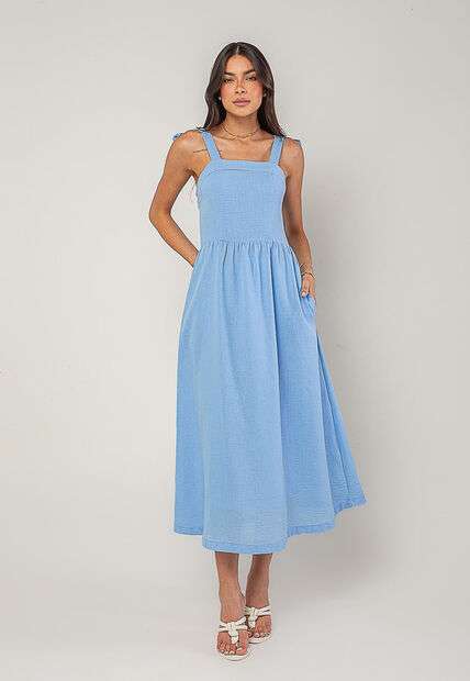Vestido Alfaiataria Midi Com Alças Largas e Amarração Azul Salvatore
