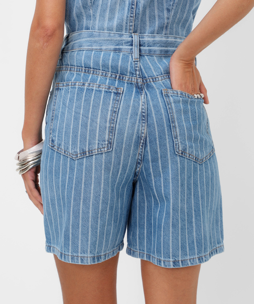 Short Jeans Feminino Listrado Cintura Alta Marisa Azul