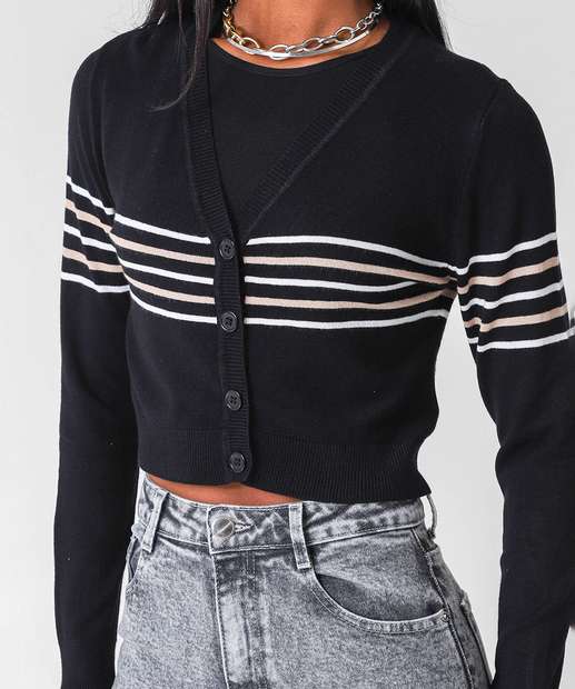 Cardigan Feminino Cropped Listrado Marisa Preto