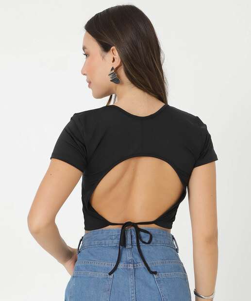 Blusa Cropped Feminina Vazado Manga Curta Marisa