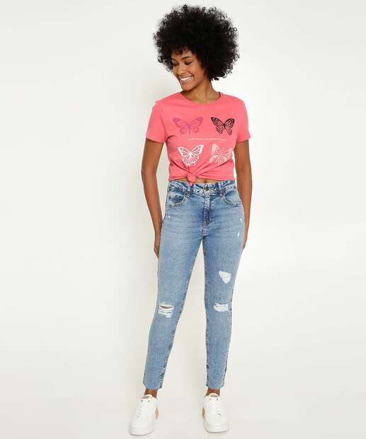 Blusa Feminina Borboletas Manga Curta Marisa