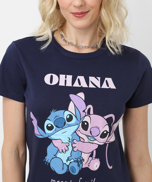 Blusa Feminina Estampa Stitch E Lilo Manga Curta Azul