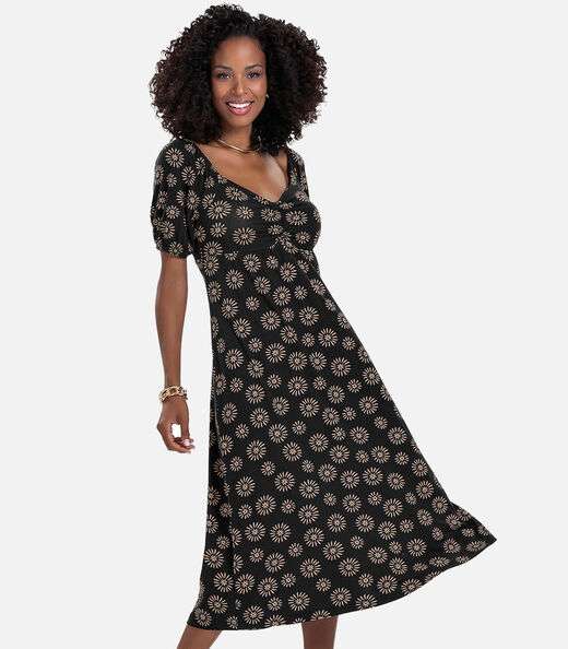 Vestido Feminino Midi Estampado Rovitex Preto