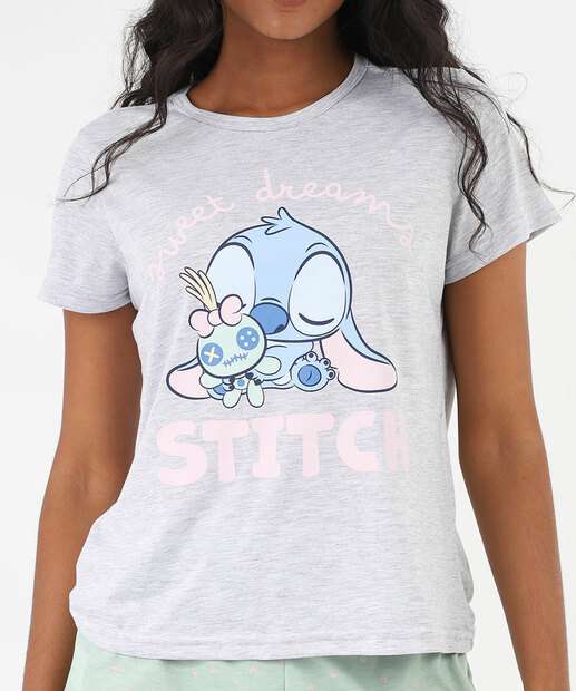 Pijama Feminino Stitch Disney Off White Cinza
