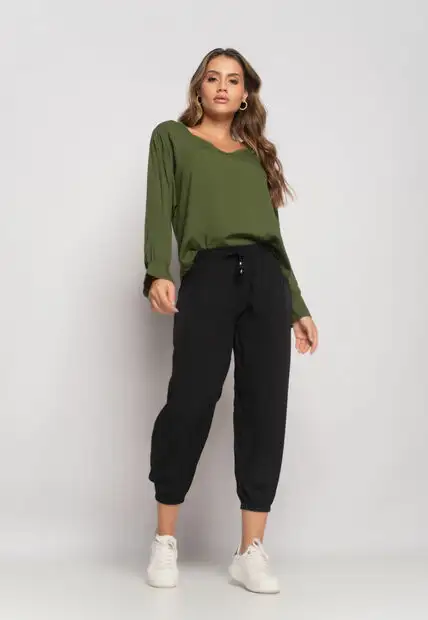 Blusa Gola V Manga Babado Viscolinho Verde Musgo Salvatore