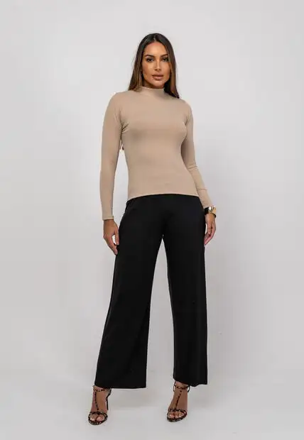 Blusa Gola Alta Manga Longa Malha Canelada Bege Salvatore Fashion