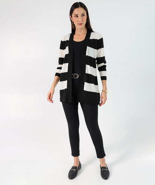 Cardigan Feminino Tricô Listrado Alongado Marisa Marrom
