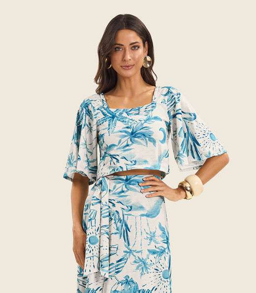 Blusa Cropped Manga Ampla em Meia Malha Endless Azul