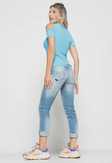 Blusa  Ombro Vazado Manga Curta Canelado Azul