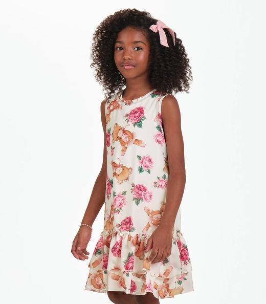 Vestido Meia Malha e Chiffon Trick Nick Bege