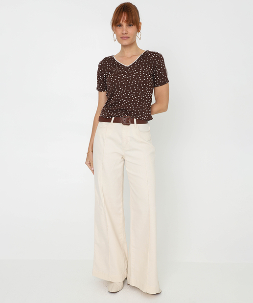 Blusa Feminina Open Shoulder Estampa Poá Marisa Marrom