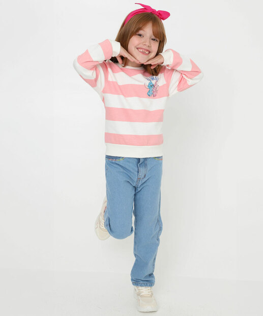 Blusão Infantil Moletinho Stitch Listrada Tam 4 a 10 Off White