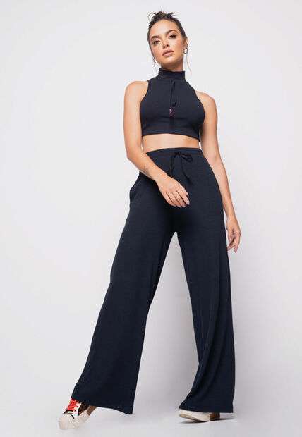 Calça  Wide Leg Malha Canelada Preta Salvatore Fashion
