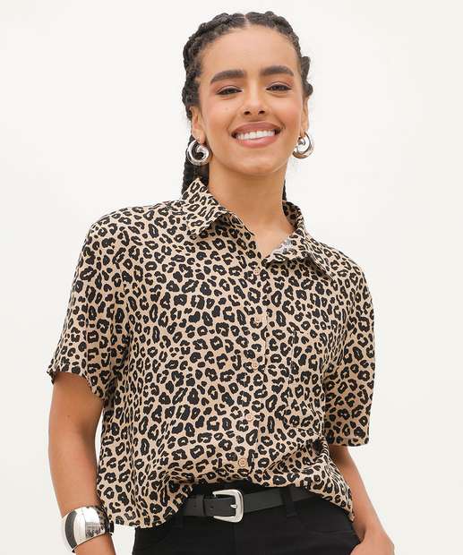 Camisa Cropped Feminina Animal Print Manga Curta Marisa