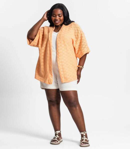 Kimono Feminino Plus Size Em Tricot Secret Glam Laranja