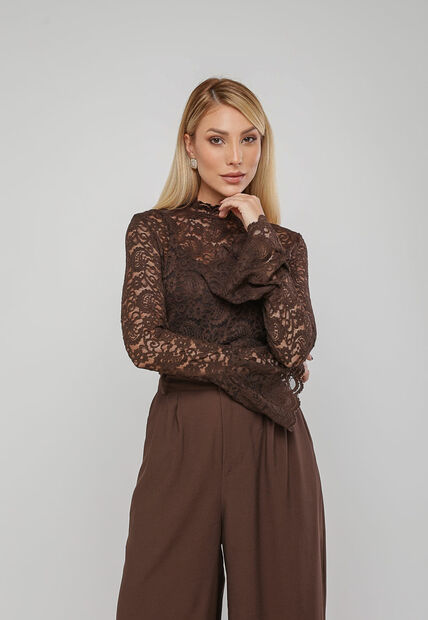 Blusa De Renda Com Manga Longa Flare Marrom Salvatore