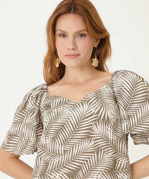 Vestido Feminino Manga Curta Estampa Folhagem Marisa