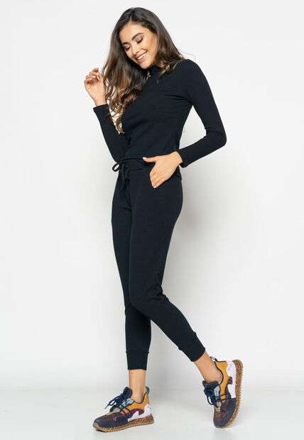 Blusa  Gola Alta Manga Longa Malha Canelada Preta