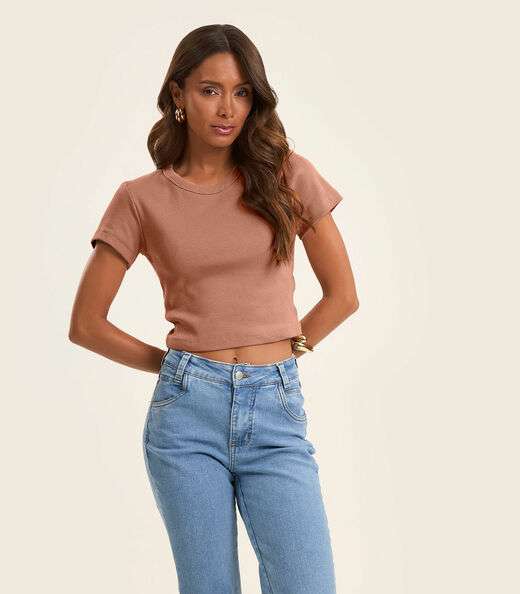 Blusa Cropped Ribana Básica Rovitex Marrom