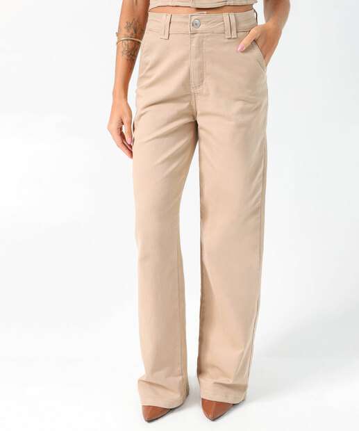 Calça Sarja Reta Feminina Bolsos Sawary Bege