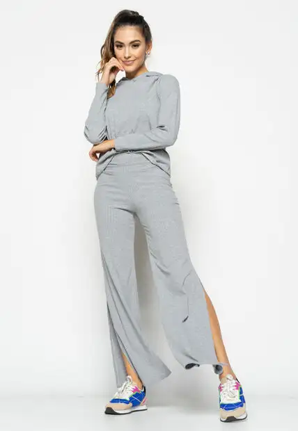 Casaco  Comfy Malha Canelada Com Capuz Mescla