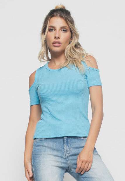 Kit 2 Blusas  Ombro Vazado Malha Canelada BrancoeAzul