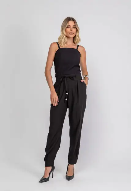 Calça de Alfaiataria com Pregas e Amarração Preta Salvatore