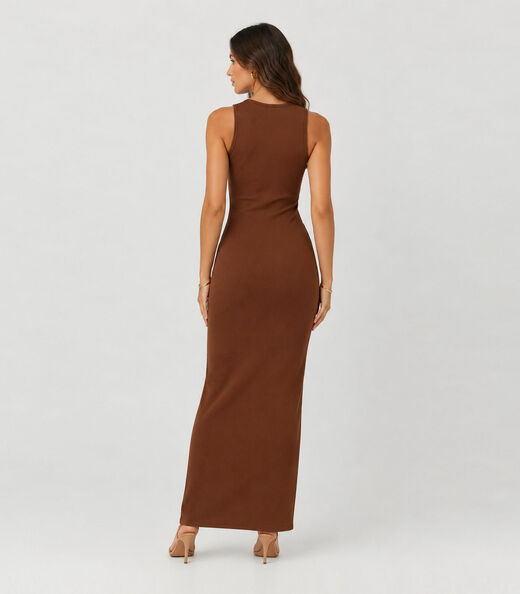 Vestido Midi Feminino Em Ribana Infinita Cor Marrom