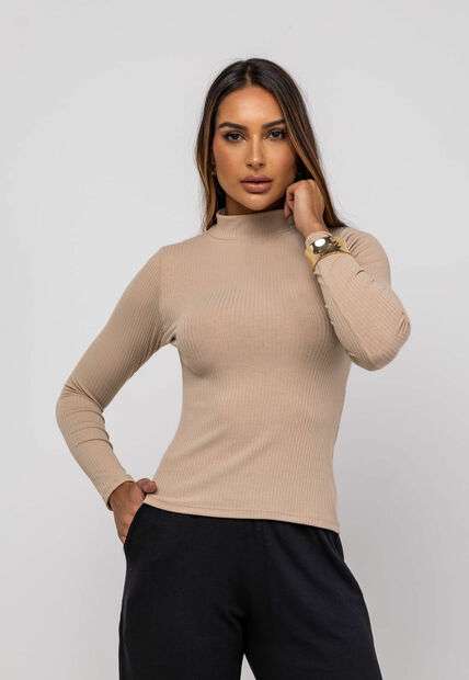 Blusa Gola Alta Manga Longa Malha Canelada Bege Salvatore Fashion