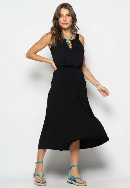 Conjunto Regata Drapeada e Saia Midi Malha Preto Salvatore