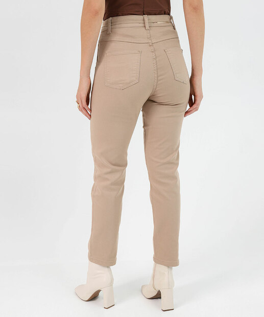 Calça Mom Sarja Clochard Cintura Alta Biotipo Bege