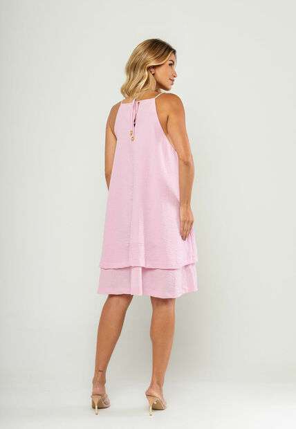 Vestido Curto Com Alças Finas e Babado Duplo Rosa Salvatore