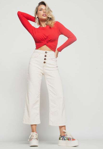 Cropped  Nó Manga Longa Canelada Vermelho Salvatore Fashion