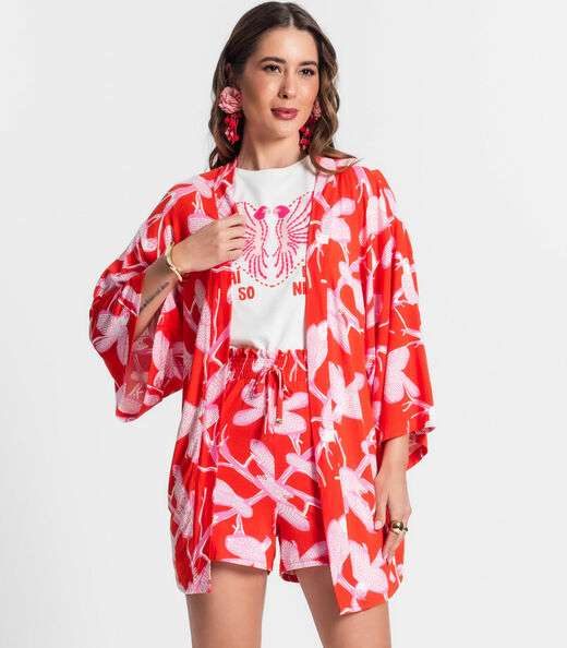 Kimono Feminino Estampa De Pássaros Laranja