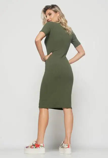 Vestido  Midi Manga Curta Canelado Verde Salvatore Fashion