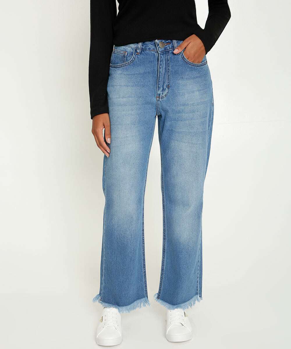 Calça Jeans Reta Feminina Barra Desfiada Marisa