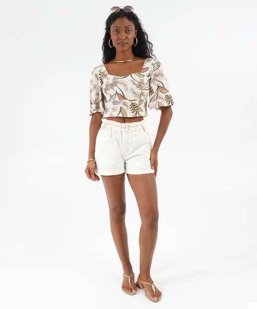 Blusa Cropped Feminina Paisley Lastex Marisa Bege
