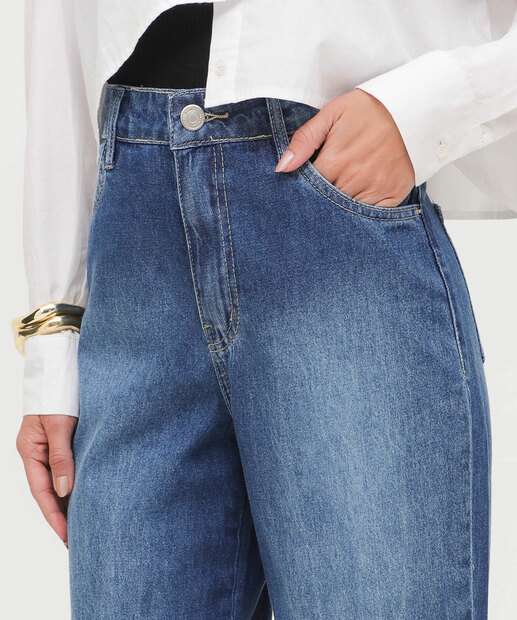 Calça Jeans Wide Leg Feminina Bolsos 