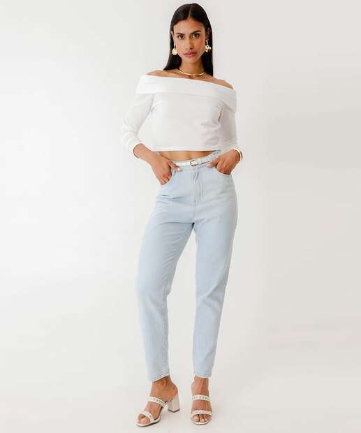 Calça Mom Jeans Bolsos Cintura Alta