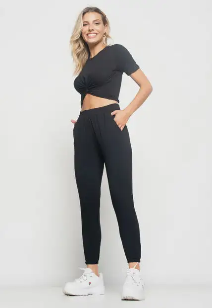 Cropped  Manga Curta Com Detalhe Nó Malha Preto Salvatore Fashion