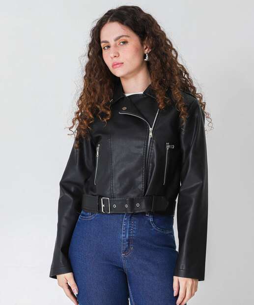 Image_Jaqueta Feminina Biker Bolsos Cinto Marisa Preto