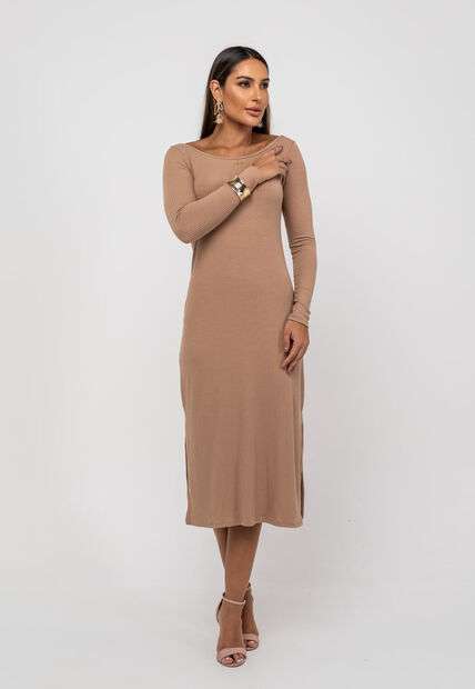 Vestido Midi M/L Decote Canoa Canelado Bege Salvatore