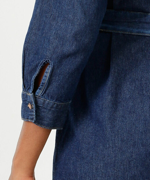 Vestido Jeans Feminino Chemise Bolsos Amarração 