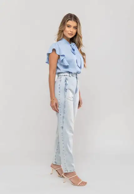 Blusa Feminina Com Laço na Gola e Manga Babado Azul Salvatore